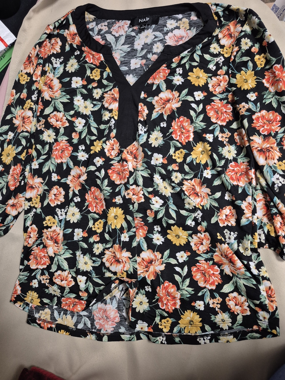 NAIF Black Floral Tunic Top with Orange & Yellow Blooms